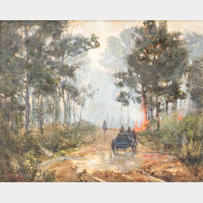 Jules Turcas (American, 1854-1917) Carriage on a Wooded Lane with Brush Fire