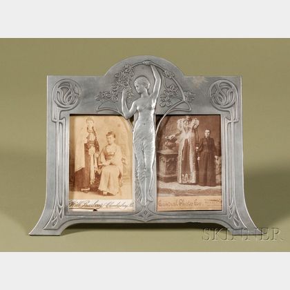 Jugendstil Pewter Double Picture Frame with Two Cabinet Cards