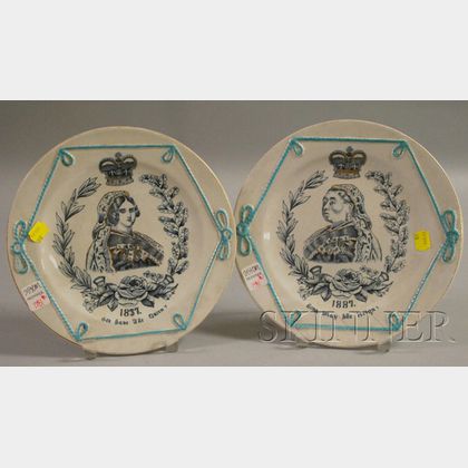 Pair of Transfer and Hand-painted Commemorative 1837 and 1887 Queen Victoria Porcelain Plates