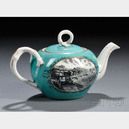 Staffordshire Porcelain Transfer-decorated Teapot and Cover