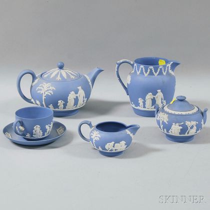 Six Wedgwood Light Blue Jasper-dip Teaware Items