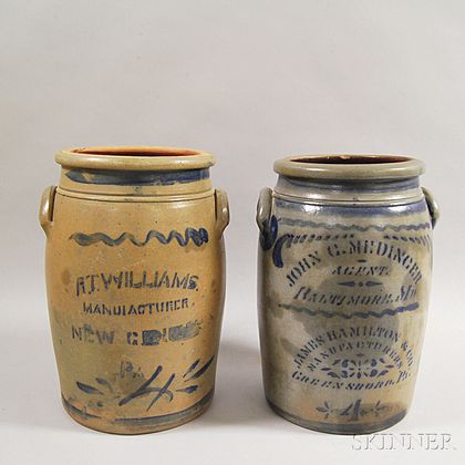 Two Cobalt-decorated Four-gallon Stoneware Churns