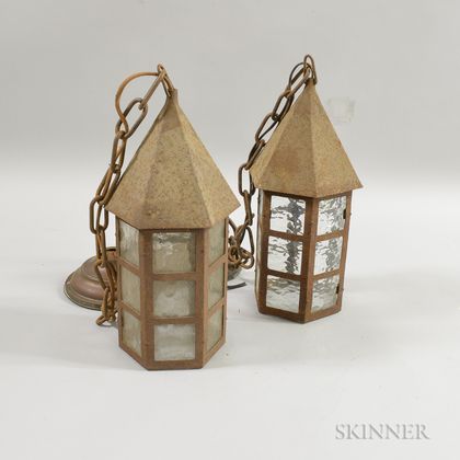 Pair of Art and Crafts Glass and Sheet Iron Hexagonal Lanterns