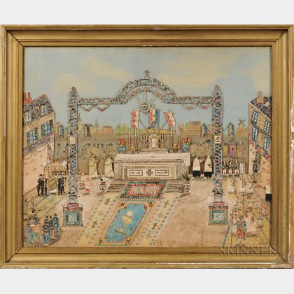 French School, 20th Century Gloire à Dieu Folk-Art Collage of a French Square with an Outdoor Altar and Religious Procession