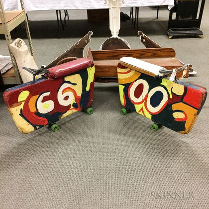 Two Paint-decorated Wood and Steel Carnival Scooters