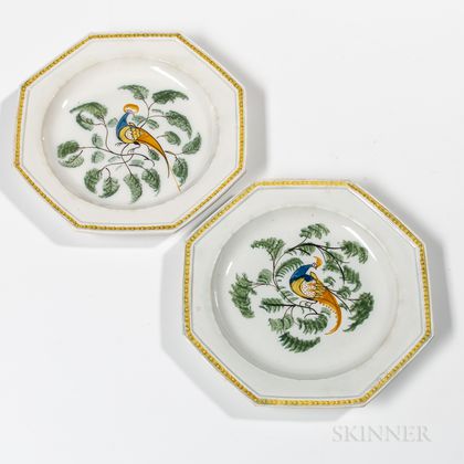 Pair of Octagonal Staffordshire Pearlware Peafowl Plates