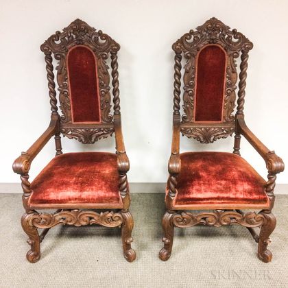 Baroque-style Carved and Upholstered Oak Armchairs