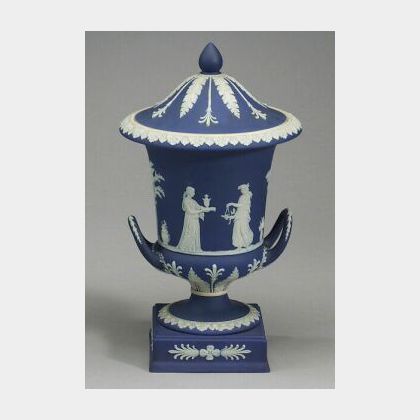 Wedgwood Dark Blue Jasper Dip Double Handled Vase and Cover