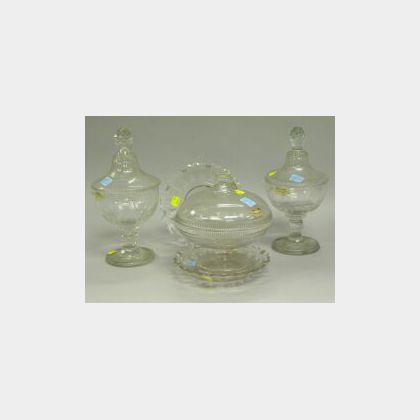 Pair of Colorless Cut Glass Sweetmeat Jars, Two Plates and a Covered Compote.