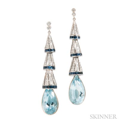 Aquamarine, Diamond, and Sapphire Earrings
