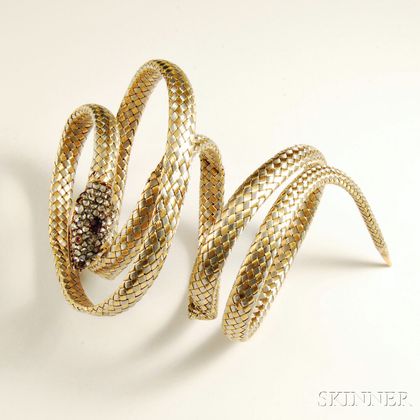 14kt Gold, Platinum, Diamond, and Ruby Snake Wrap Bracelet