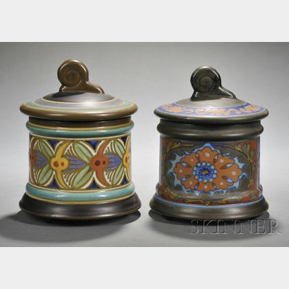 Two Gouda Pottery Semi-matte Glaze Tobacco Jars and Covers