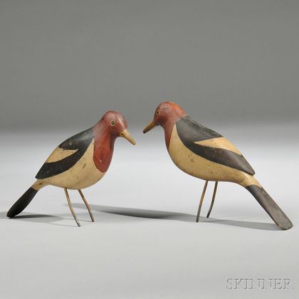 Pair of Carved and Painted Red-headed Woodpecker Figures