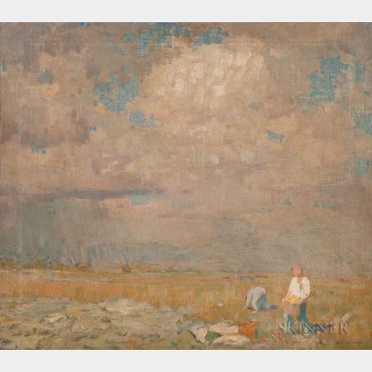 William Langson Lathrop (American, 1859-1938) Summer Landscape with Figures at Harvest