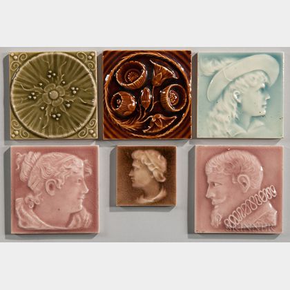 Six Art Pottery Tiles Including Old Bridge, Kensington, and U.S. Encaustic 