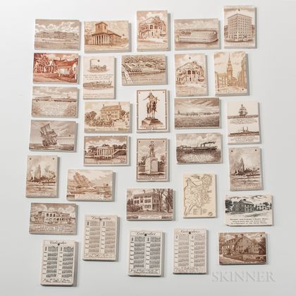 Thirty-one Wedgwood Transfer-decorated Calendar Tiles with Images of Boston Landmarks