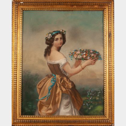 George G. Fish (American, act. 1849-1880) Young Maiden Lifting a Basket of Flowers