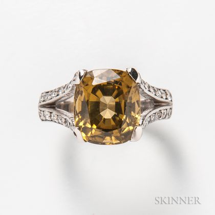 14kt White Gold, Yellow Zircon, and Diamond Ring