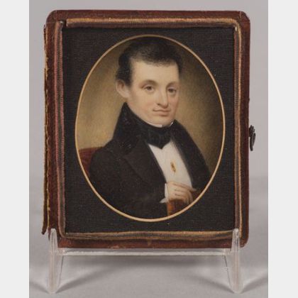 American School, 19th Century Miniature Portrait of a Gentleman Holding a Book.