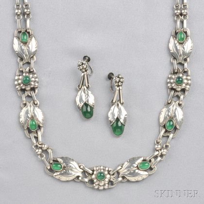 .830 Silver and Green Onyx Necklace and Earpendants, Georg Jensen