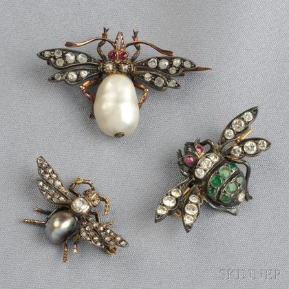 Three Antique Gem-set Insect Brooches