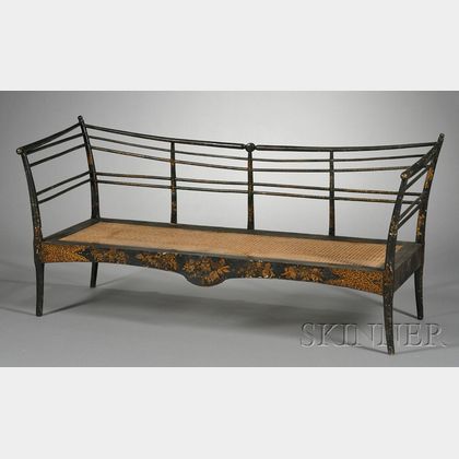 Asian Export Gilt-stenciled and Black Lacquer Caned Settee