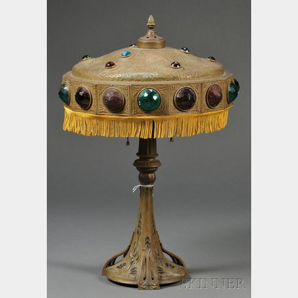Continental Patinated White-metal and "Jeweled" Art Nouveau Table Lamp