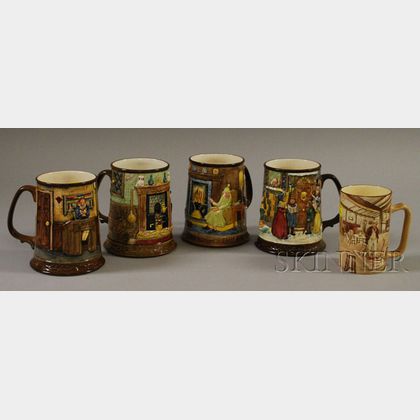 Four Beswick/Doulton Yule Ceramic Mugs and a Hanley Newhall Bill Sykes/Mr. Pecksniff Tumbler