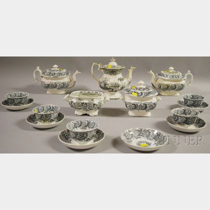 Fifteen Pieces of Alcock Black and White Transfer Victoria Pattern Staffordshire Teaware and a Similar Coffeepot