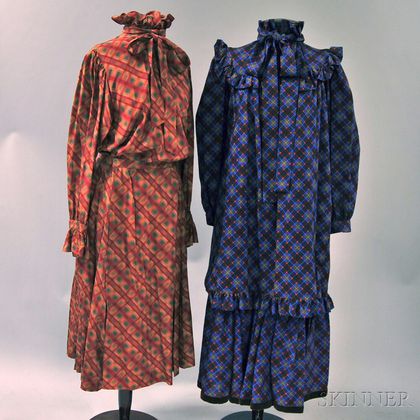 Two Saint Laurent Silk and Polyester Blend Gingham Peasant Dresses