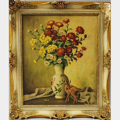American School, 20th Century Floral Still Life with Deer Figurine.