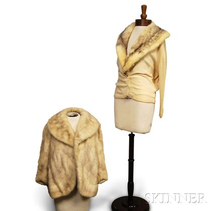 Cream Cashmere Cardigan with Ermine Collar and a White Fox Fur Jacket. Estimate $100-150