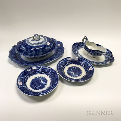 Six Pieces of Flow Blue Ceramic Tableware