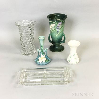 Two Roseville Pottery Vases, a Belleek Vase, and Two Colorless Glass Items. Estimate $20-200