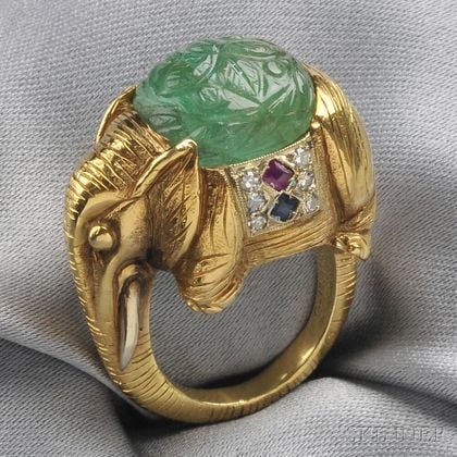 18kt Gold, Carved Emerald, and Gem-set Elephant Ring, Cartier