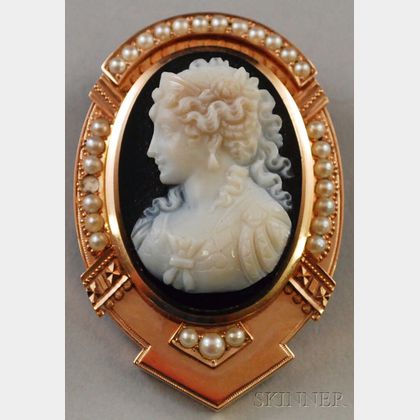 Antique 14kt Gold and Seed Pearl-mounted Carved Cameo Pendant/Brooch