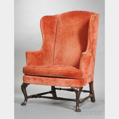 Queen Anne Carved and Upholstered Walnut and Maple Easy Chair