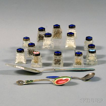 Fourteen Enameled Sterling Silver-lidded Colorless Pressed Glass Shakers and Three Pieces of Enameled Sterling Silver Flatware