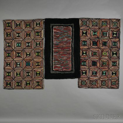 Pair of Geometric Pattern Hooked Rugs and a Yarn Rug
