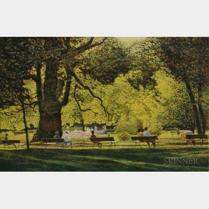 Framed Color Lithograph Benches 1988