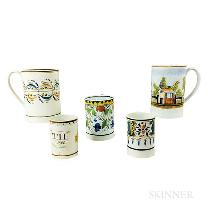 Five Staffordshire Polychrome Creamware Ceramic Mugs