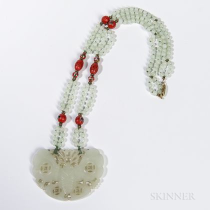 String of Beads with Jade Butterfly Pendant