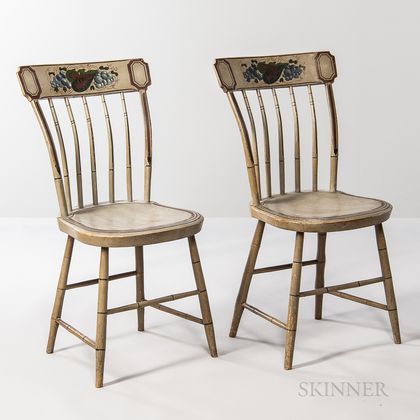 Pair of Gray-painted and Paint-decorated Tablet-back Chairs