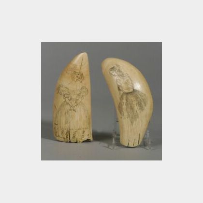 Two Engraved Whale&#39;s Teeth