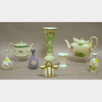Six Assorted Wedgwood Vases, a Teapot, and a Spode Teapot. 