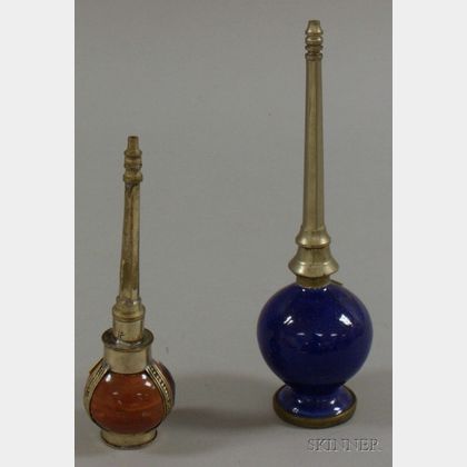 Two Pewter and Metal-mounted Enameled and Glazed Ceramic Holy Water Sprinklers. 