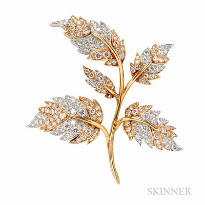 18kt Gold, Platinum, and Diamond Leaf Brooch, Schlumberger, Tiffany & Co.