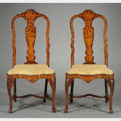 Pair of Dutch Fruitwood Marquetry-inlaid Side Chairs