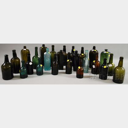 Twenty-five Olive and Colored Glass Case Gin, Spring Water, Liquor, and Ale Bottles