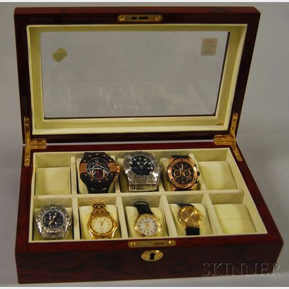 Mahogany Veneer and Beveled Glass Display Box with Seven Gentleman's Wristwatches